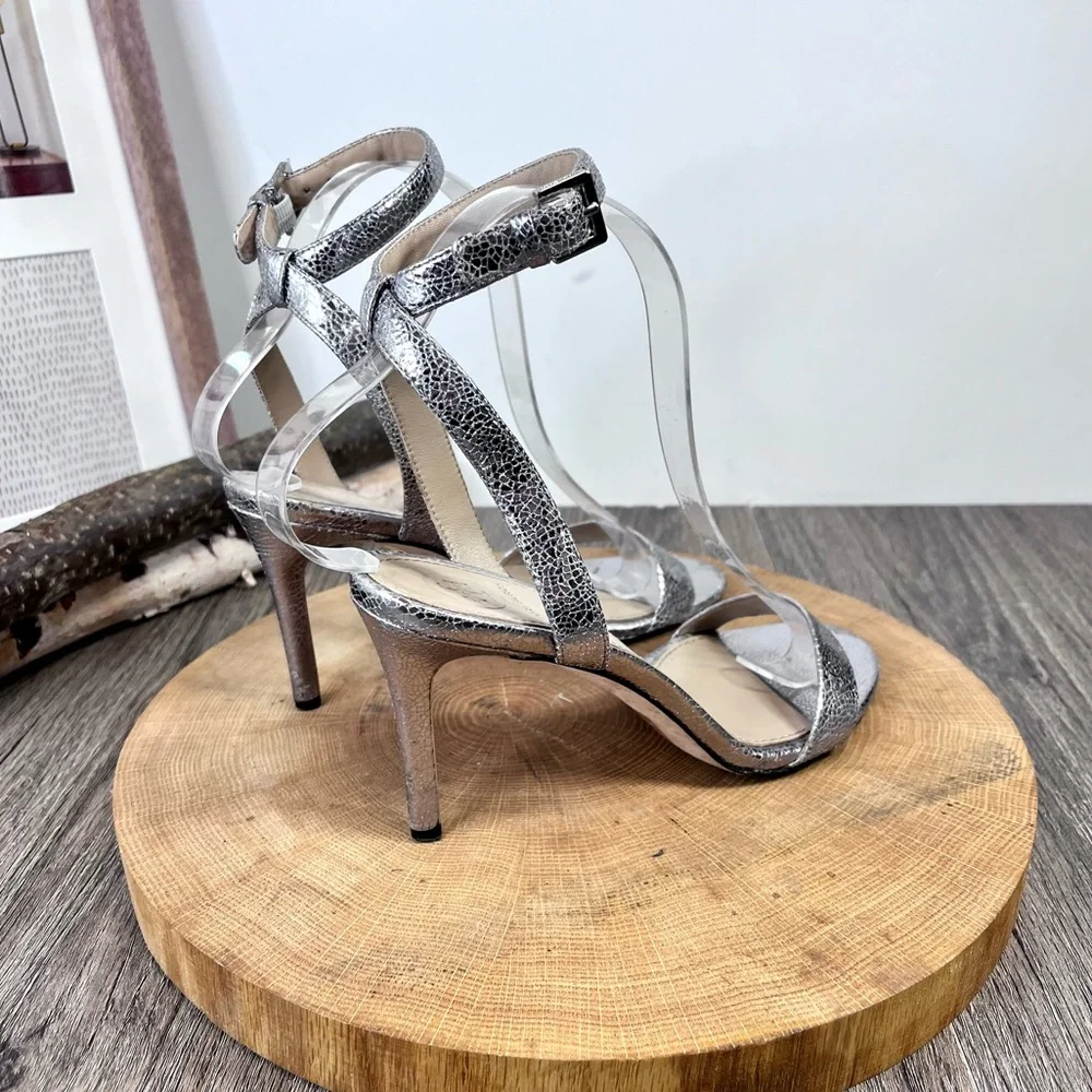 *Tory Burch | Elana Leather Silver Heeled Sandals With Ankle Straps Size 6